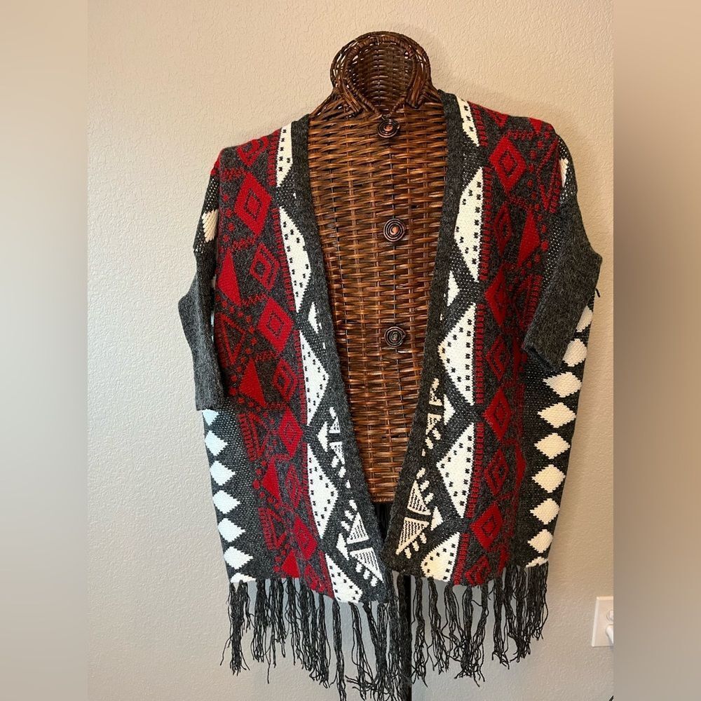 Women’s Aztec fringe cardigan southwestern feminine boho festival country sz L - Picture 3 of 6
